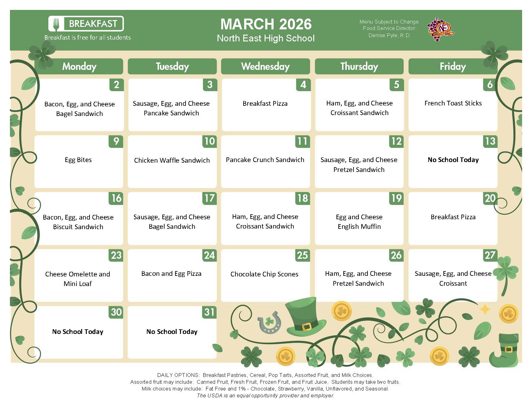 NEHS March Breakfast Menu